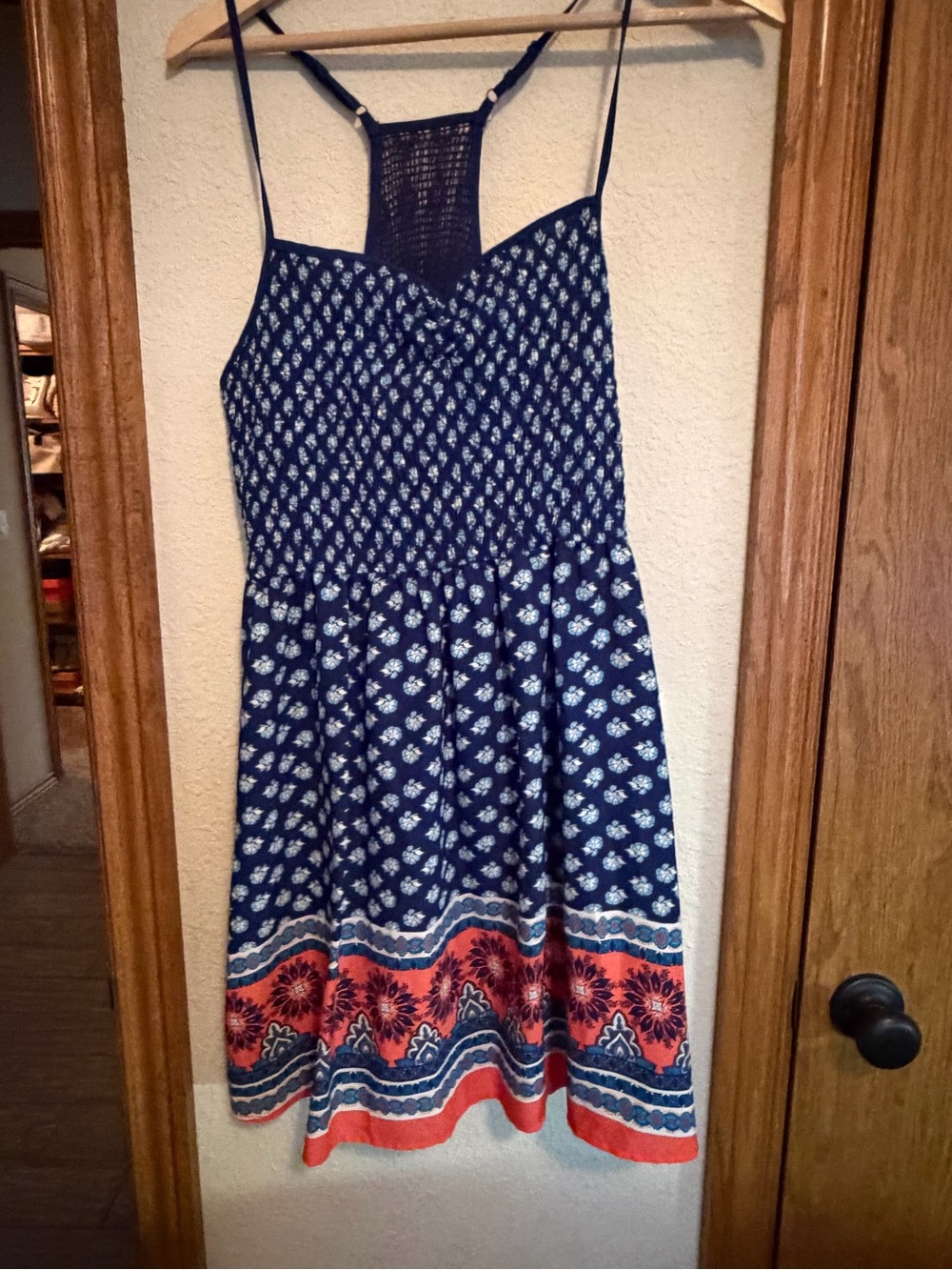 Xhilaration Navy Blue Floral Smocked Mini Dress with Coral Border
